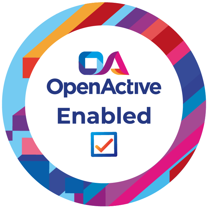 The OpenActive Enabled badge is a circle with the words 'OpenActive Enabled' and a tickbox.